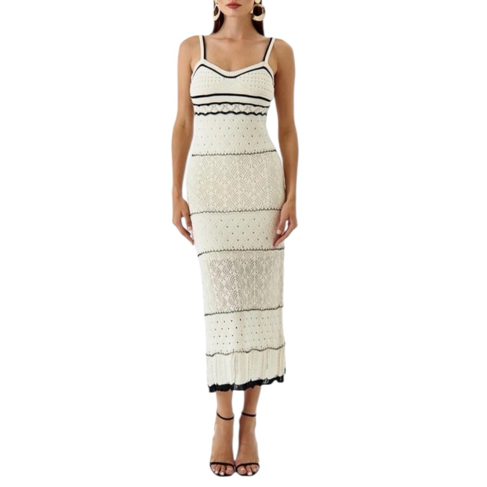 Lucky Brand Cream Crochet Midi Dress Black Trim Scallop Boho Resort Coastal XL